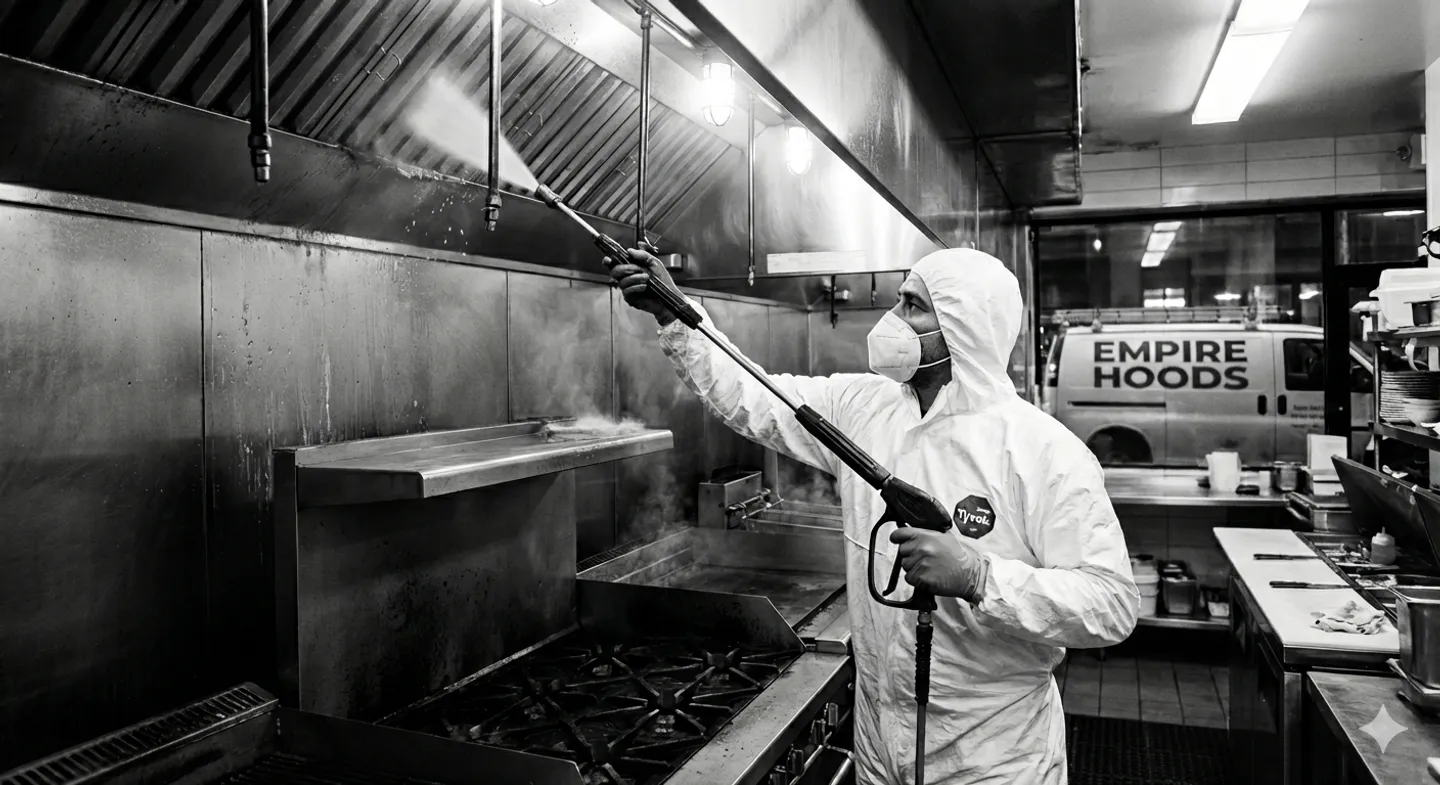 Empire Hoods technician pressure washing a commercial kitchen hood